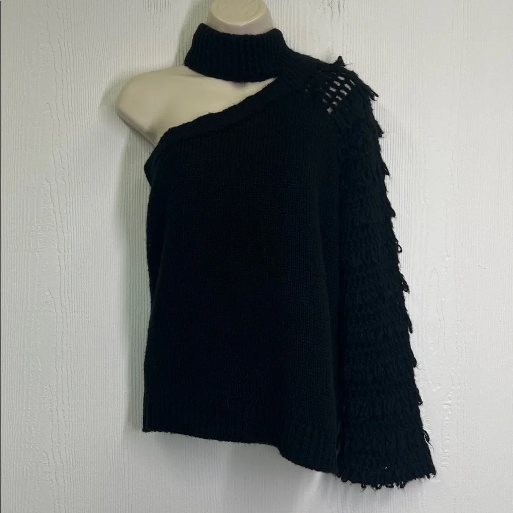 House Of Harlow X Revolve - Black One Shoulder Long Sleeve Fringe Sweater Medium